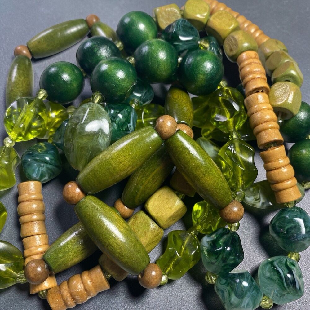 Vintage Green Beaded Necklace 29” Slip On Wood Acrylic Boho Statement